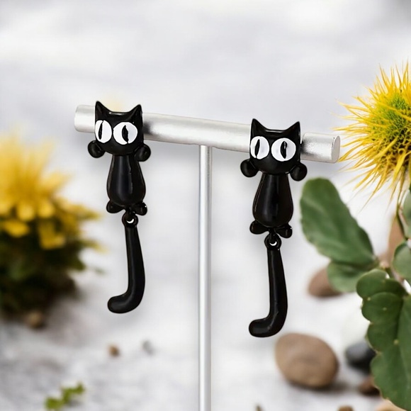 ART DECO hanging cat earrings post swinging tails resin Mid-century modern fave! - Picture 1 of 3